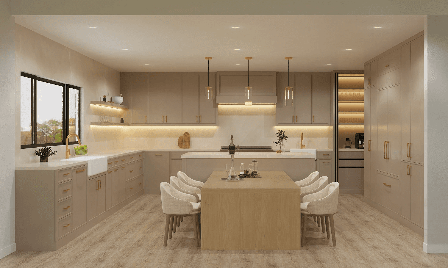 3D rendering of open-concept kitchen remodel with white oak island and farmhouse sink — Northridge CA residential design