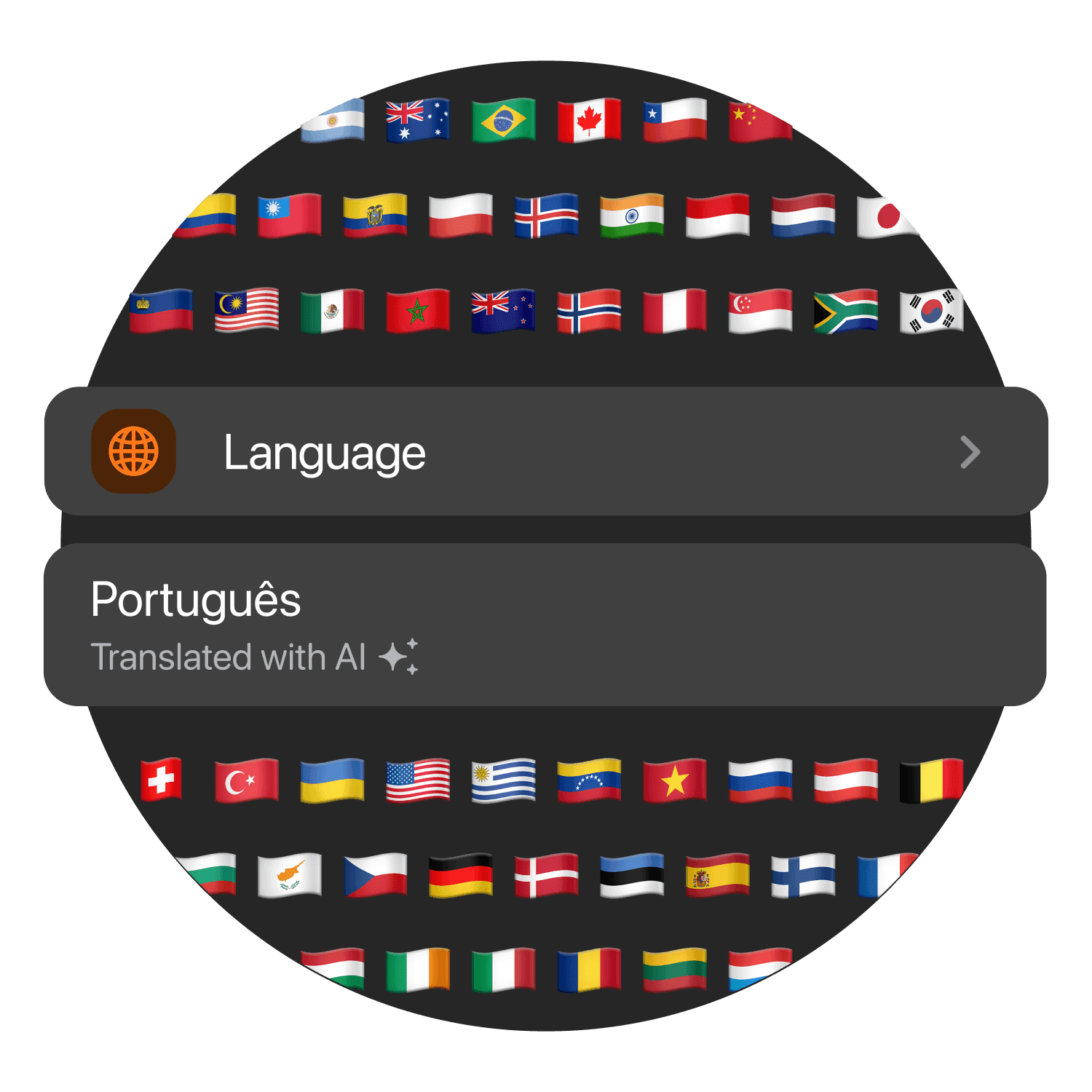Circulair ontwerp met verschillende landenflags, met een uitgelichte optie voor "Language: Portuguese".