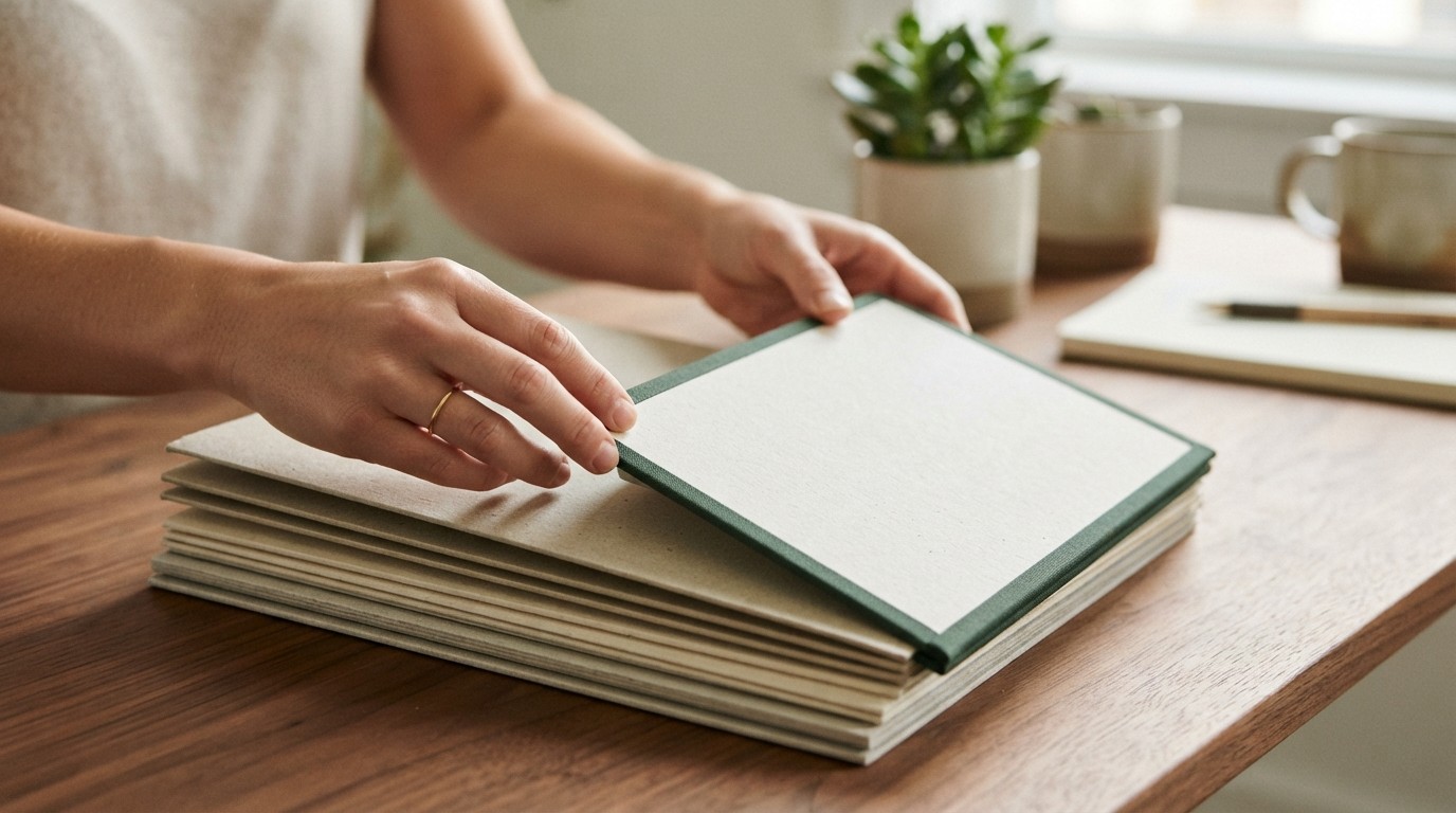 Hands carefully organizing professional folders on a desk.