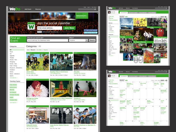 A screenshot of a WeDo website displays three views: a main page with categories and event listings, a calendar view for May, and a sidebar with photos and text. The website uses a dark gray and white color scheme with a green header and footer. The content includes images of events, photos of people, and text descriptions.