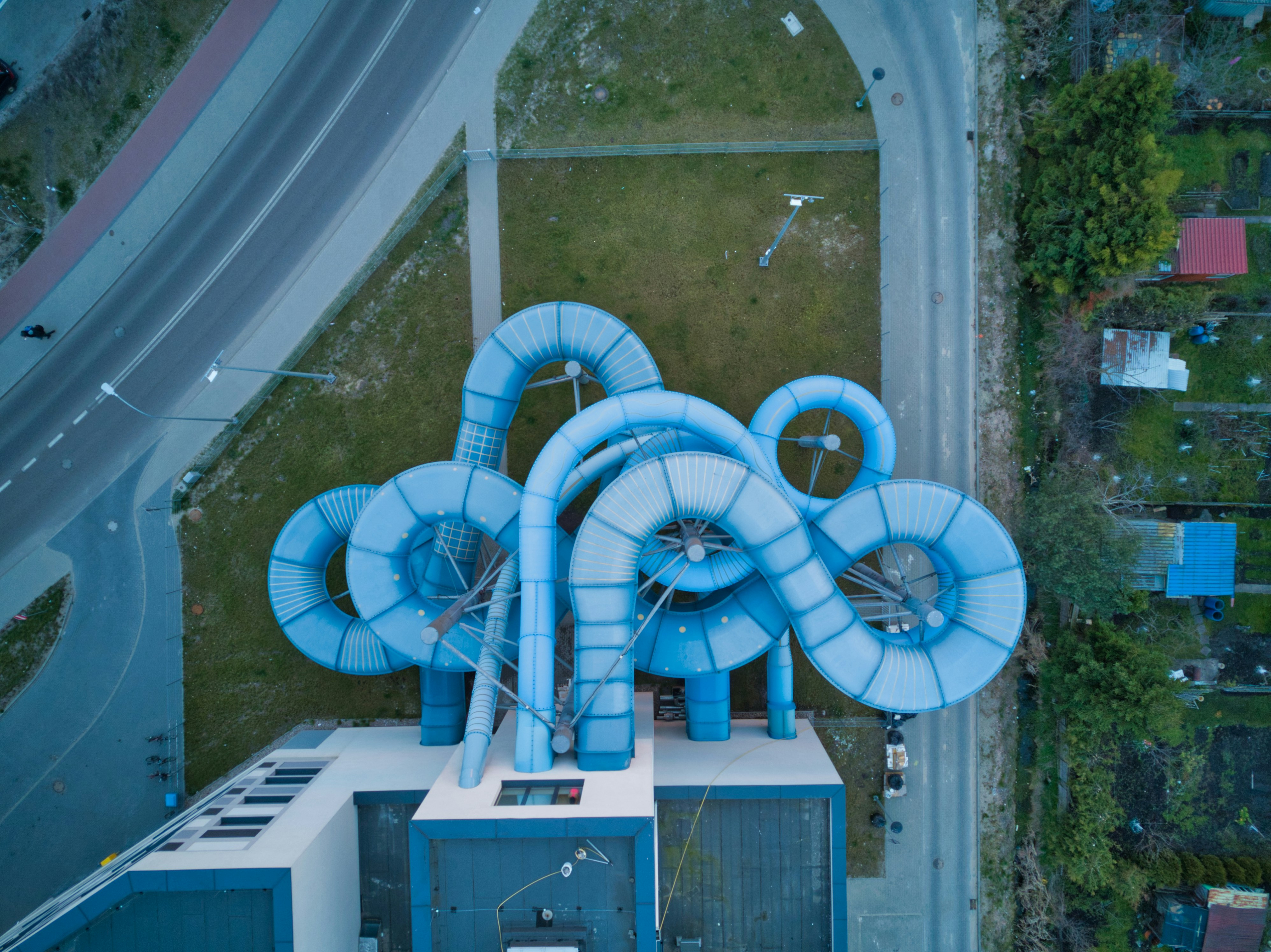 an aerial view of a large blue sculpture