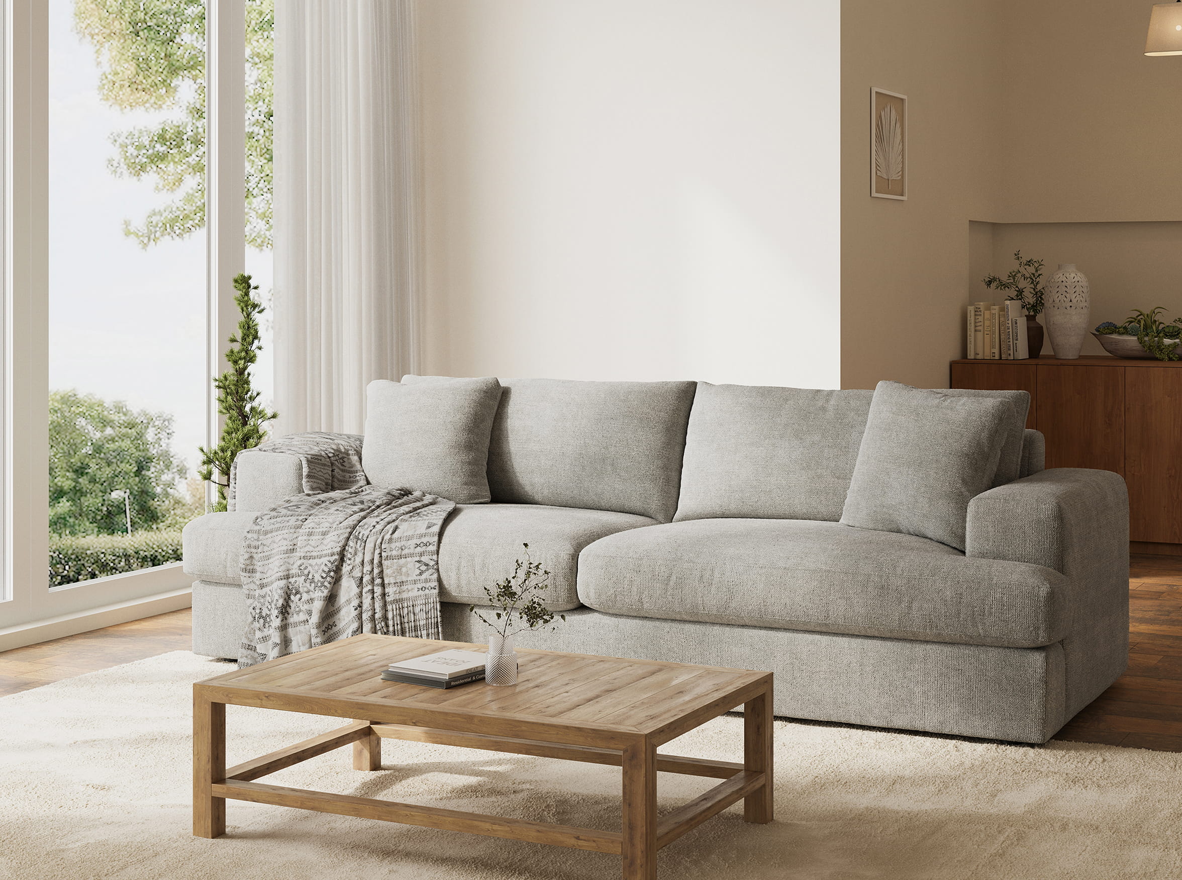 3D render of modern living room with fabric sofa, wooden coffee table, and natural light