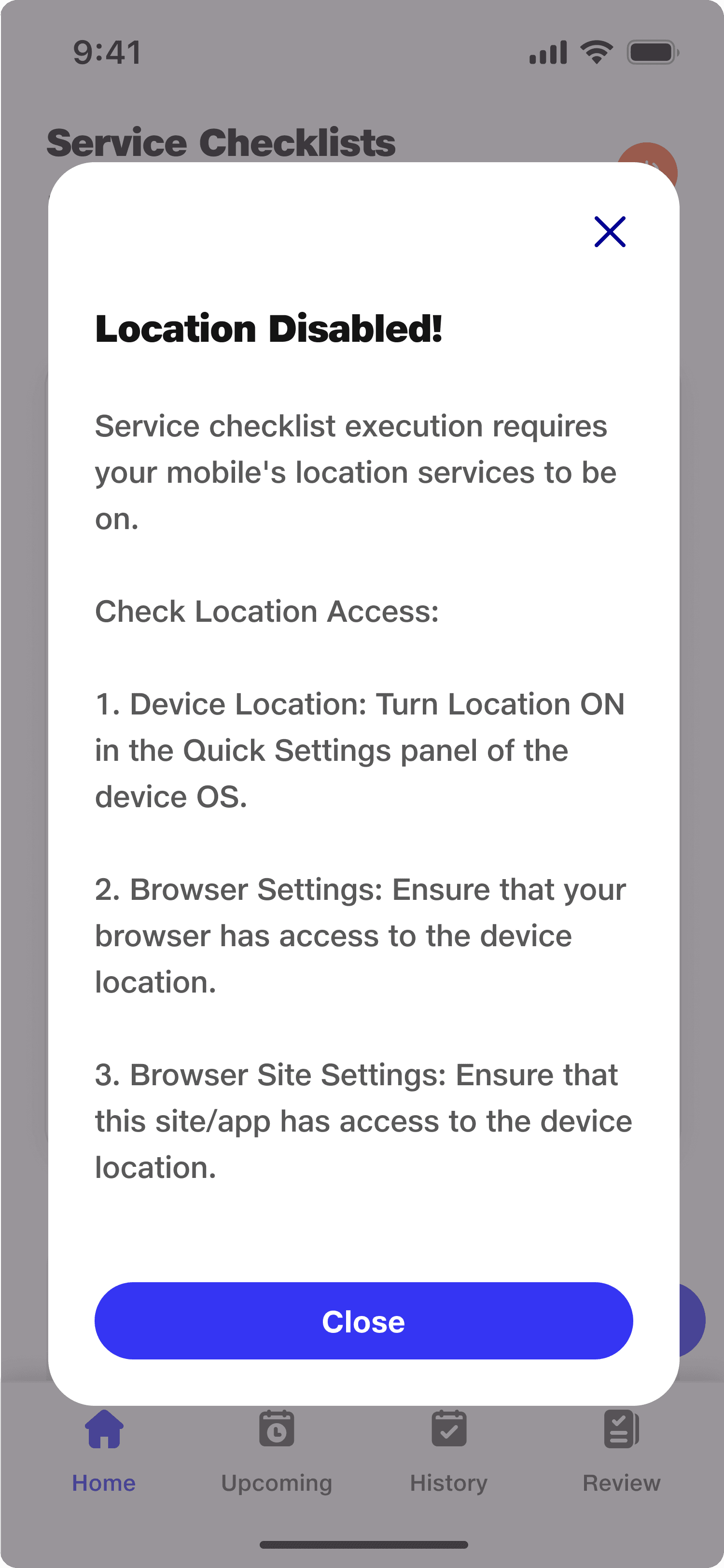 Service Executive Home (Location Disabled Error)