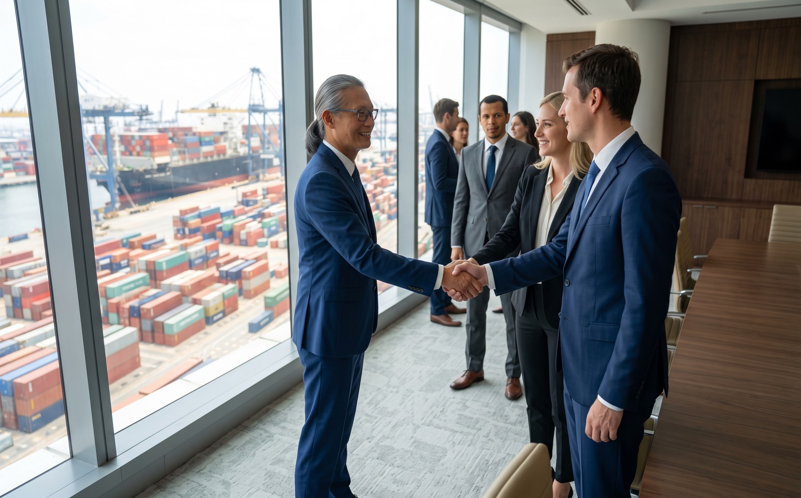 Two people shaking hands in an office overlooking a port.