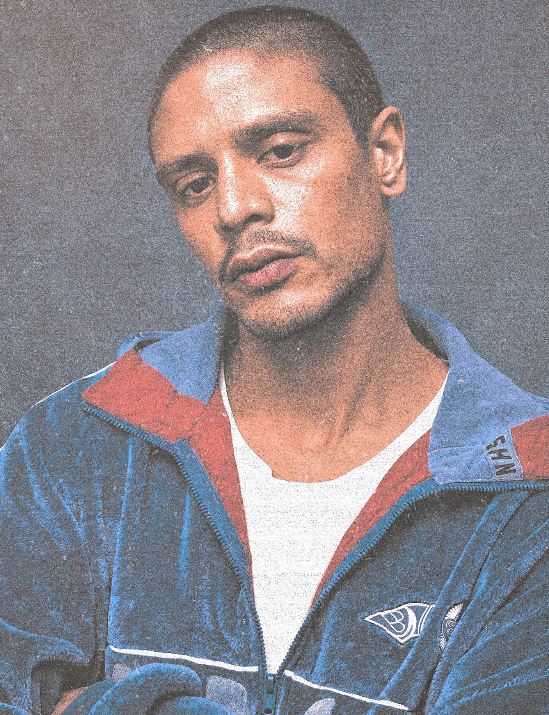 Close-up of a reindeer's head in a snowy forest.