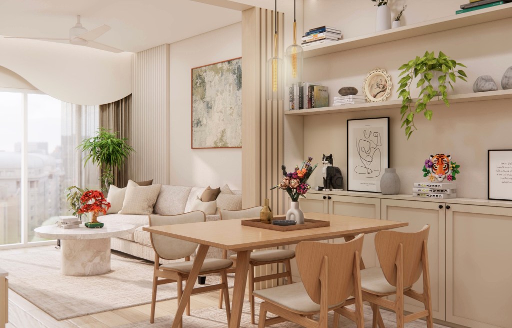 A stylish living space featuring a beige sofa, wooden dining table, and decorative elements including plants, artwork, and a colorful LEGO tiger figure on a shelf.