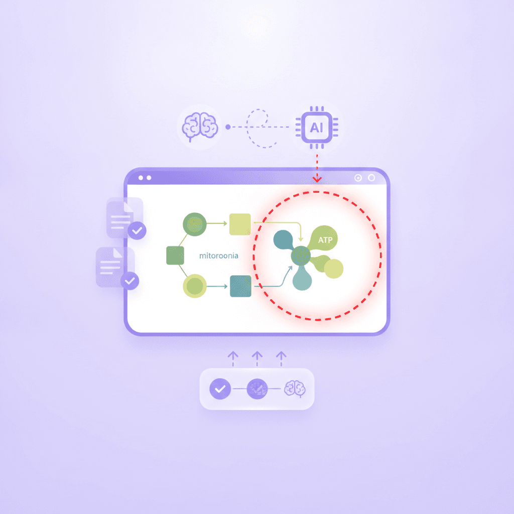 A close-up of a digital canvas interface where an AI tutor has drawn a red circle around a specific error in a student's cellular respiration diagram.