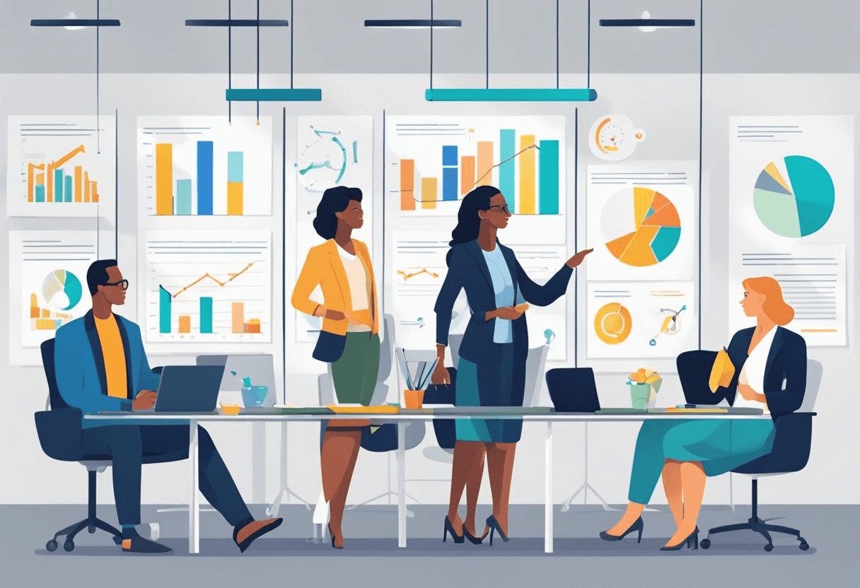 A group of professionals discussing gender pay gap strategies in a modern office setting with charts and graphs on the wall