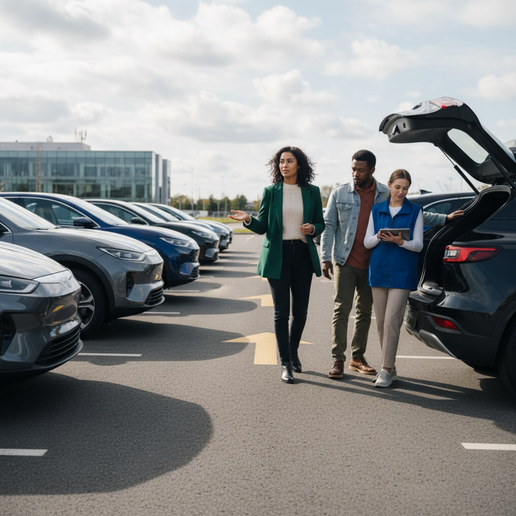 Zwischen zwei Reihen geparkter Firmenfahrzeuge deutet eine Teamleiterin auf ein bestimmtes Modell, während ein Kollege den Kofferraum einer Alternative öffnet. Sonnenlicht zeichnet lange Schatten, Bodenmarkierungen strukturieren die Fläche. Die Szene wirkt ruhig und fokussiert, die Entscheidung fällt geordnet.