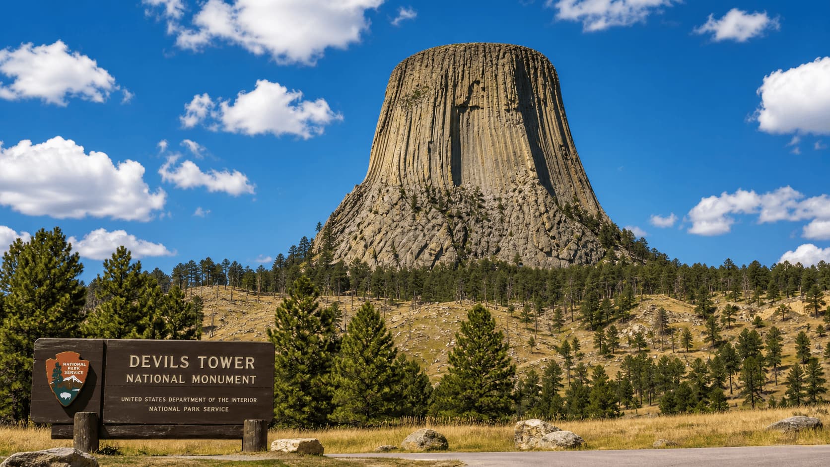 Devils Tower rock formation rising above natural landscape in Wyoming
