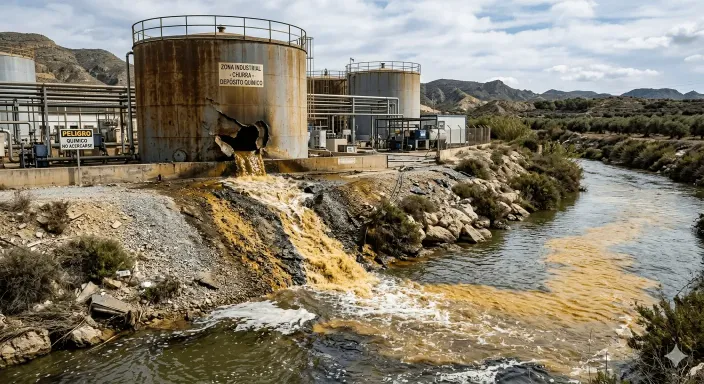 Vertido accidental de productos químicos contaminando un ecosistema fluvial cercano a la fábrica.