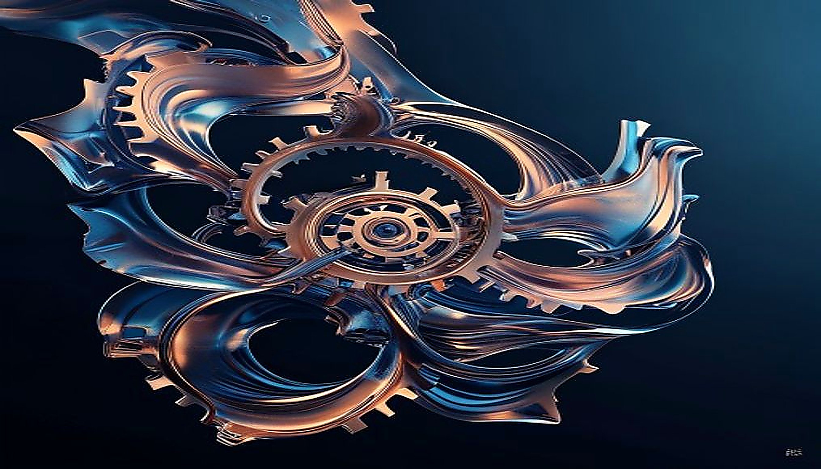 Mechanical gear meshing with fluid ink form, visualizing human-AI design collaboration as structured creative partnership.