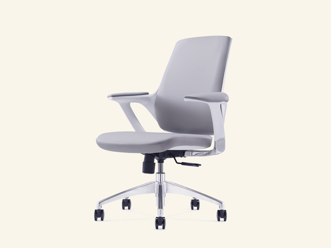 TCHOD Furniture 2026 Model No. P818 modern leather office chair in light grey, featuring a mid-back ergonomic design, integrated padded armrests, a white structural frame, and a polished aluminum 5-star swivel base with black casters.