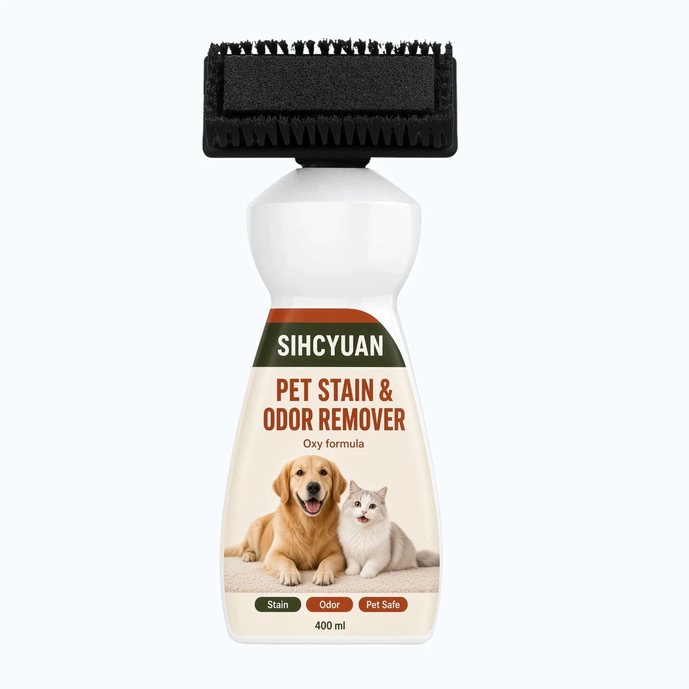 Private label carpet cleaning brush with integrated cleaning solution applicator