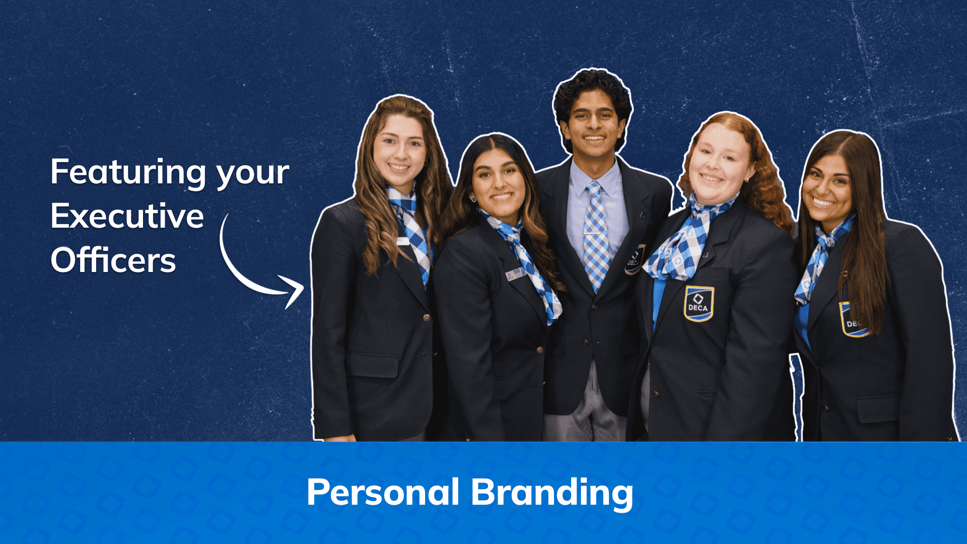 Group of student stand smiling, text and arrow pointing to girl on the left says "freaturing your Executive Officers"