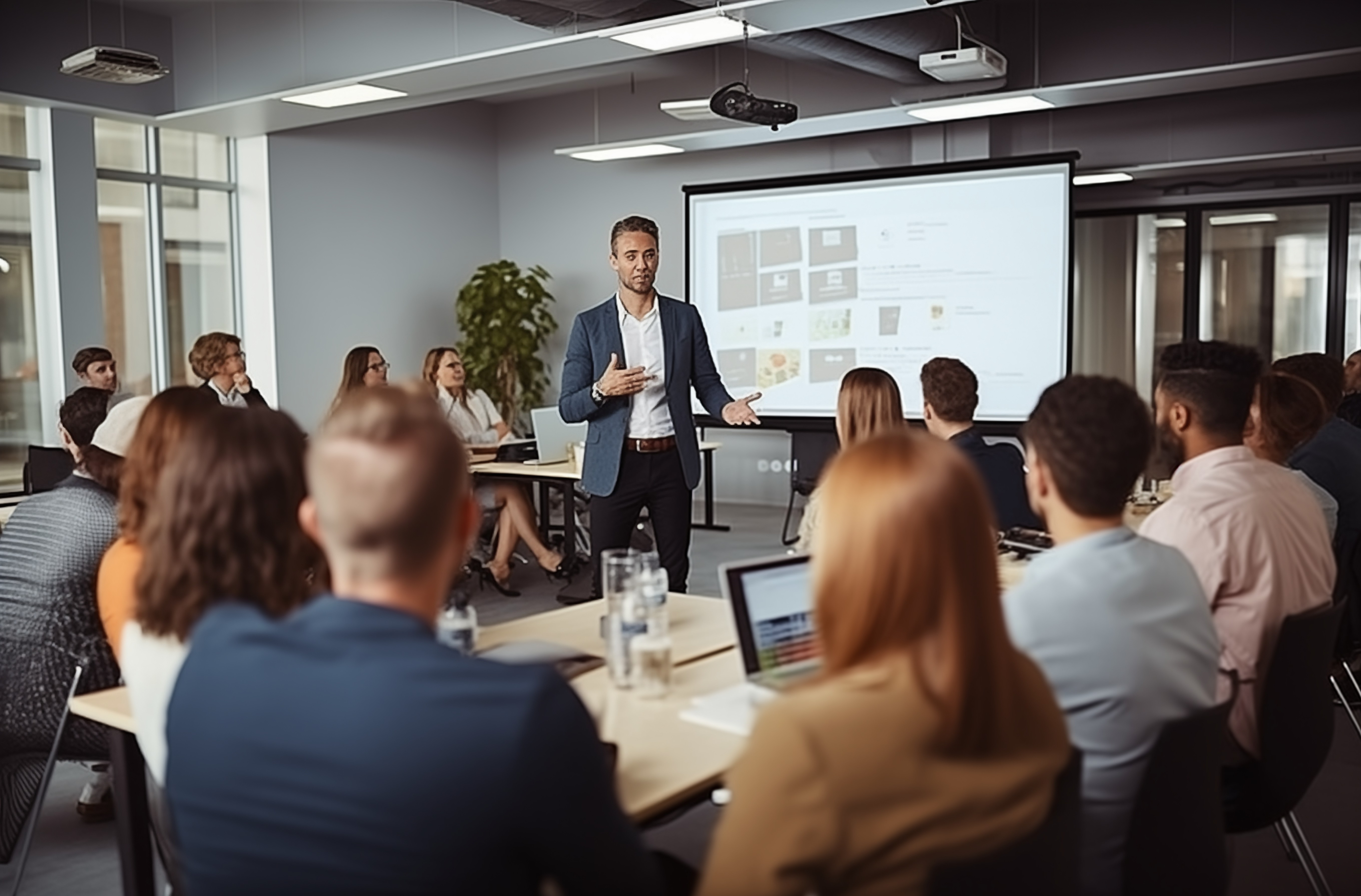 a group of people in a room with a projector screen