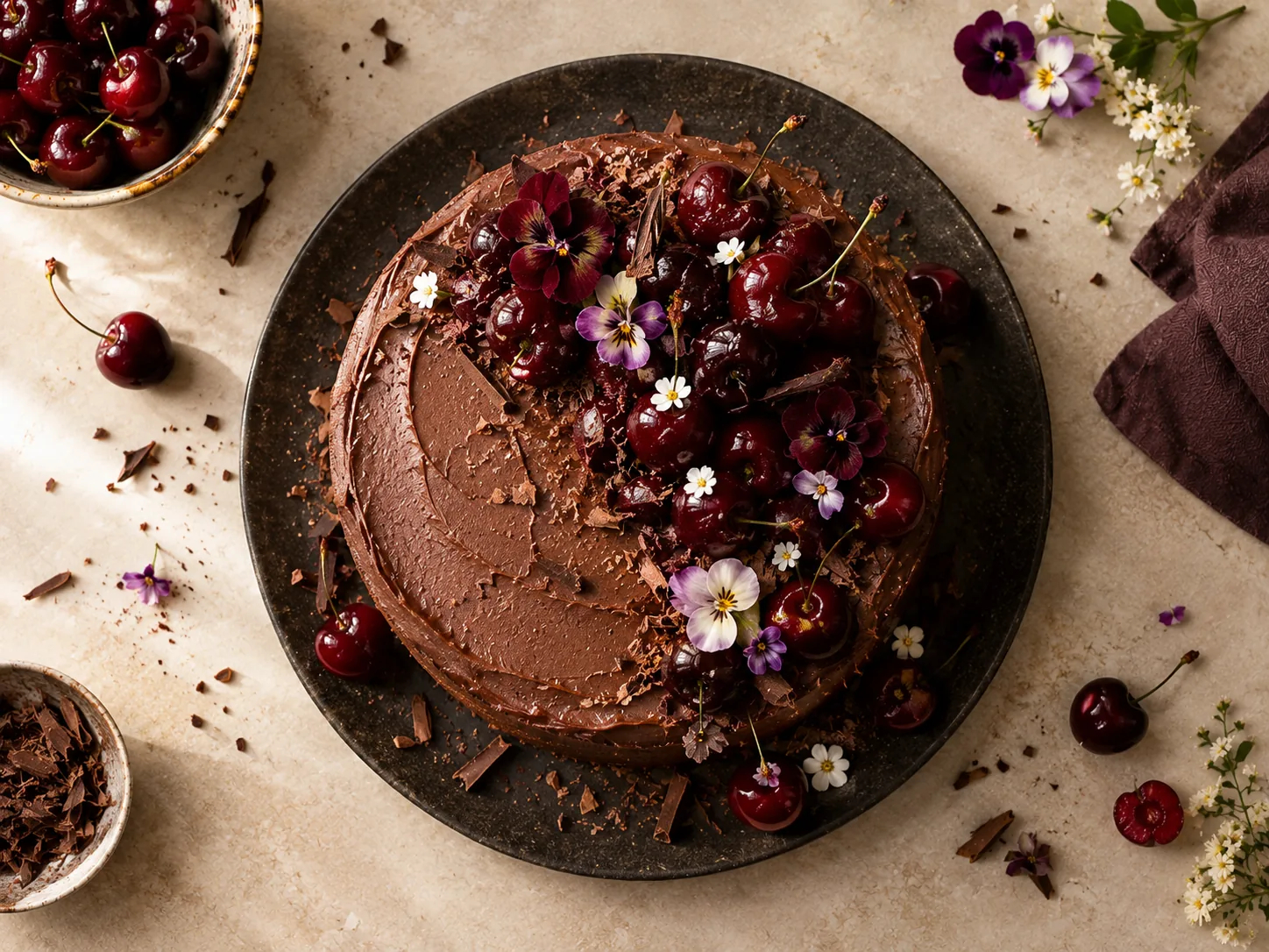 Dark Chocolate & Cherry cake seen from above