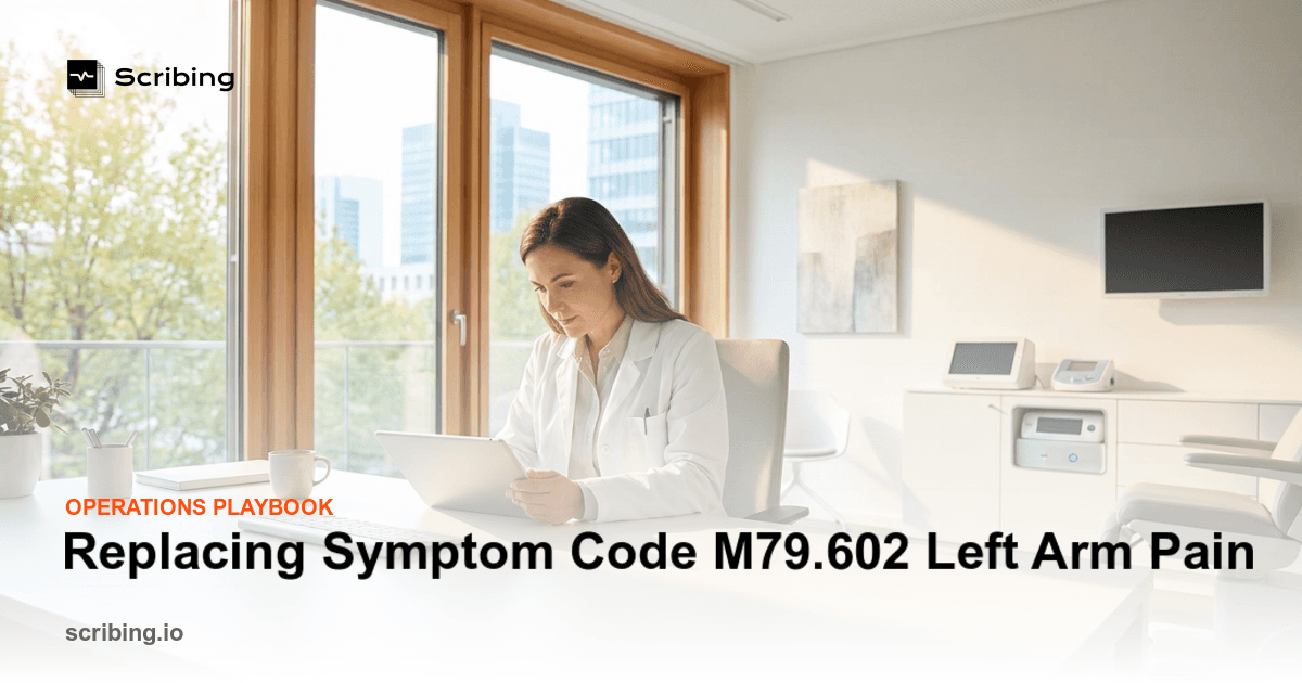 Family medicine physician reviewing patient diagnosis documentation to replace symptom code M79.602 with a definitive left arm pain diagnosis
