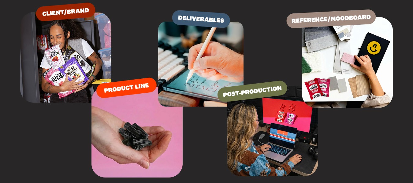 Photo shoot planning overview collage highlighting client brand imagery, product line reference, deliverables checklist, post-production workflow, and visual moodboard examples.