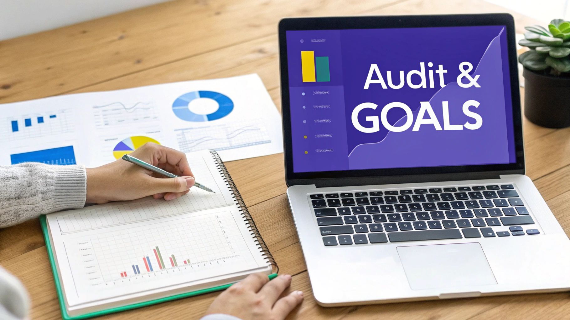 Hands writing notes in a notebook, with charts on paper and a laptop showing 'Audit & Goals'.