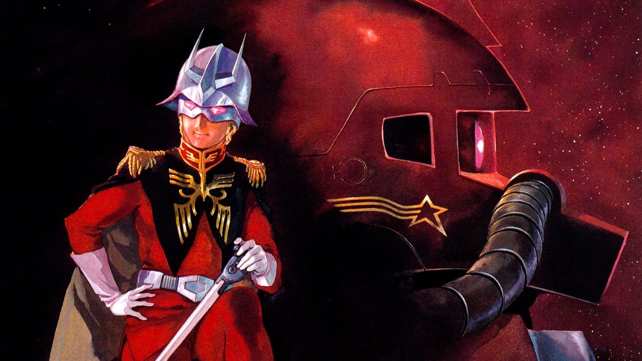 A character in a red military uniform and a silver helmet with horns, holding a sword and standing confidently. Behind is a large red mechanical figure with a single glowing eye and decorative gold star. The background is a starry space scene.