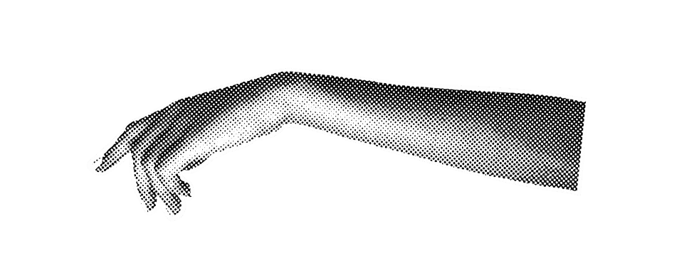 Vintage halftone illustration of an open hand with palm facing up symbolizing offering or presenting information