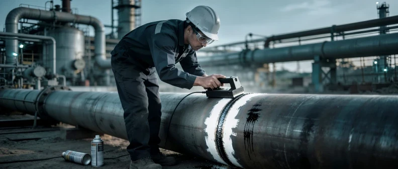 Glospech technician performing ultrasonic testing on pipe flange nozzle weld with angle beam probe and digital UT instrument, industrial plant Gauteng
