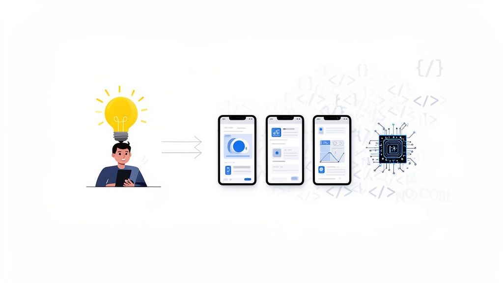 An illustration of an idea transforming into app designs on smartphones, leading to no-code development.