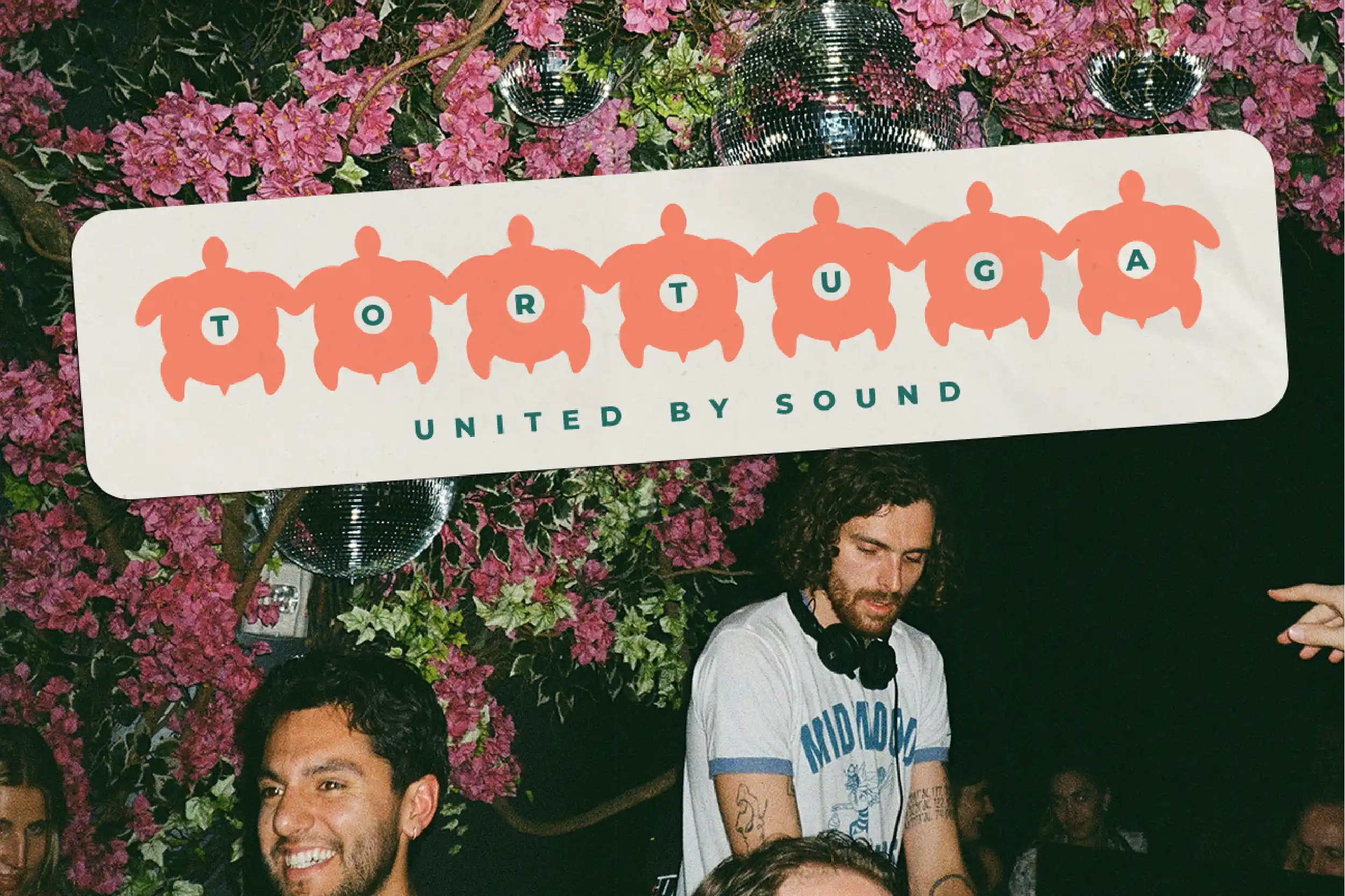 Horizontal Tortuga Records sticker featuring seven connected turtle silhouettes and “United by Sound” text over a DJ crowd photo.