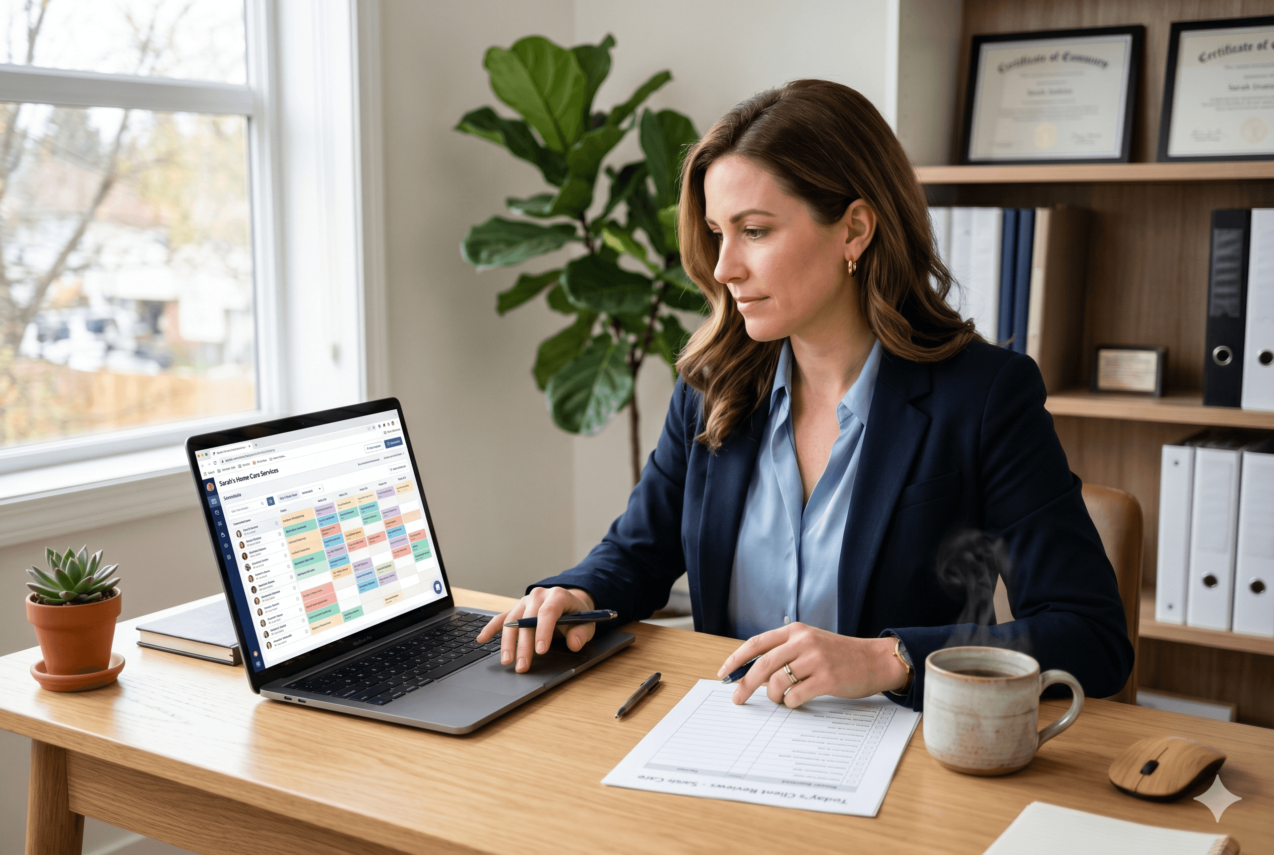 A focused home care agency owner in her late 30s sits at a clean wooden desk reviewing software on a laptop. Natural light fills the small office. A printed checklist and a coffee mug sit beside the keyboard. Warm, professional atmosphere. Shot on Fujifilm X-T4, aspect ratio 3:2.