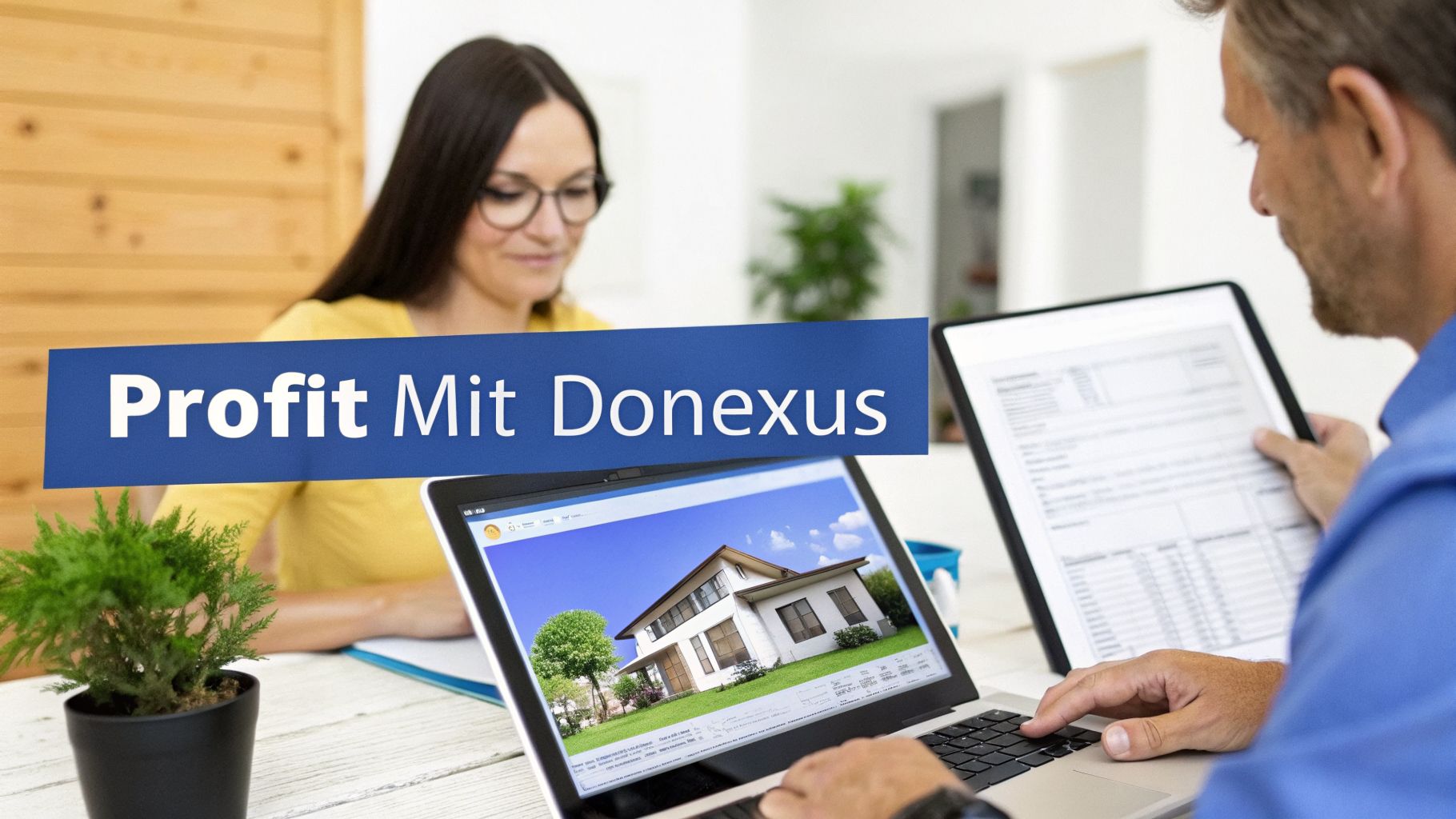 Zwei Personen arbeiten an Laptops und Tablets; auf dem Bildschirm ist ein modernes Haus zu sehen, mit dem Text 'Profit Mit Donexus'.
