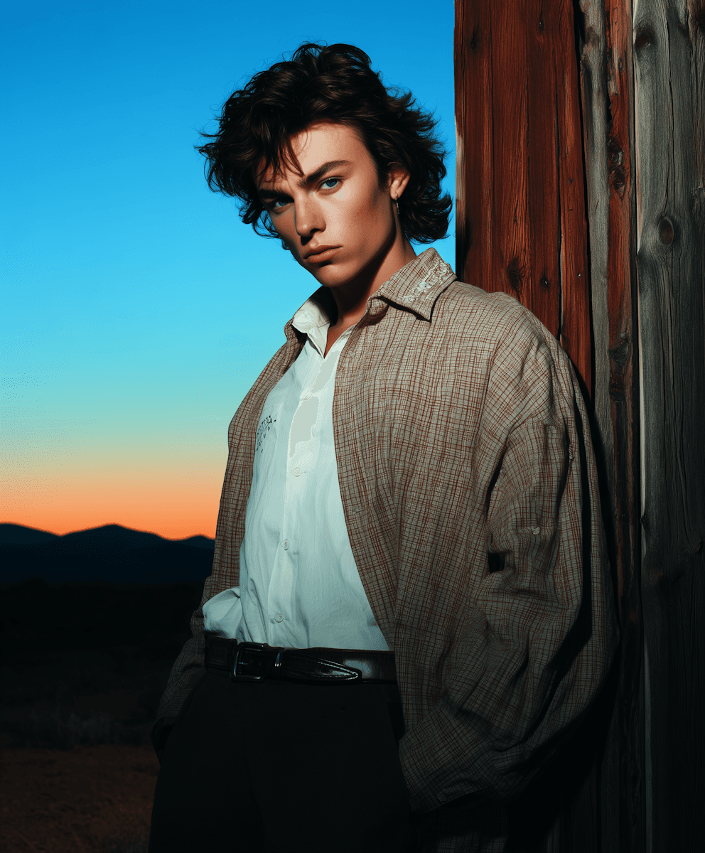 Young man leaning against wood post at sunset desert landscape.
