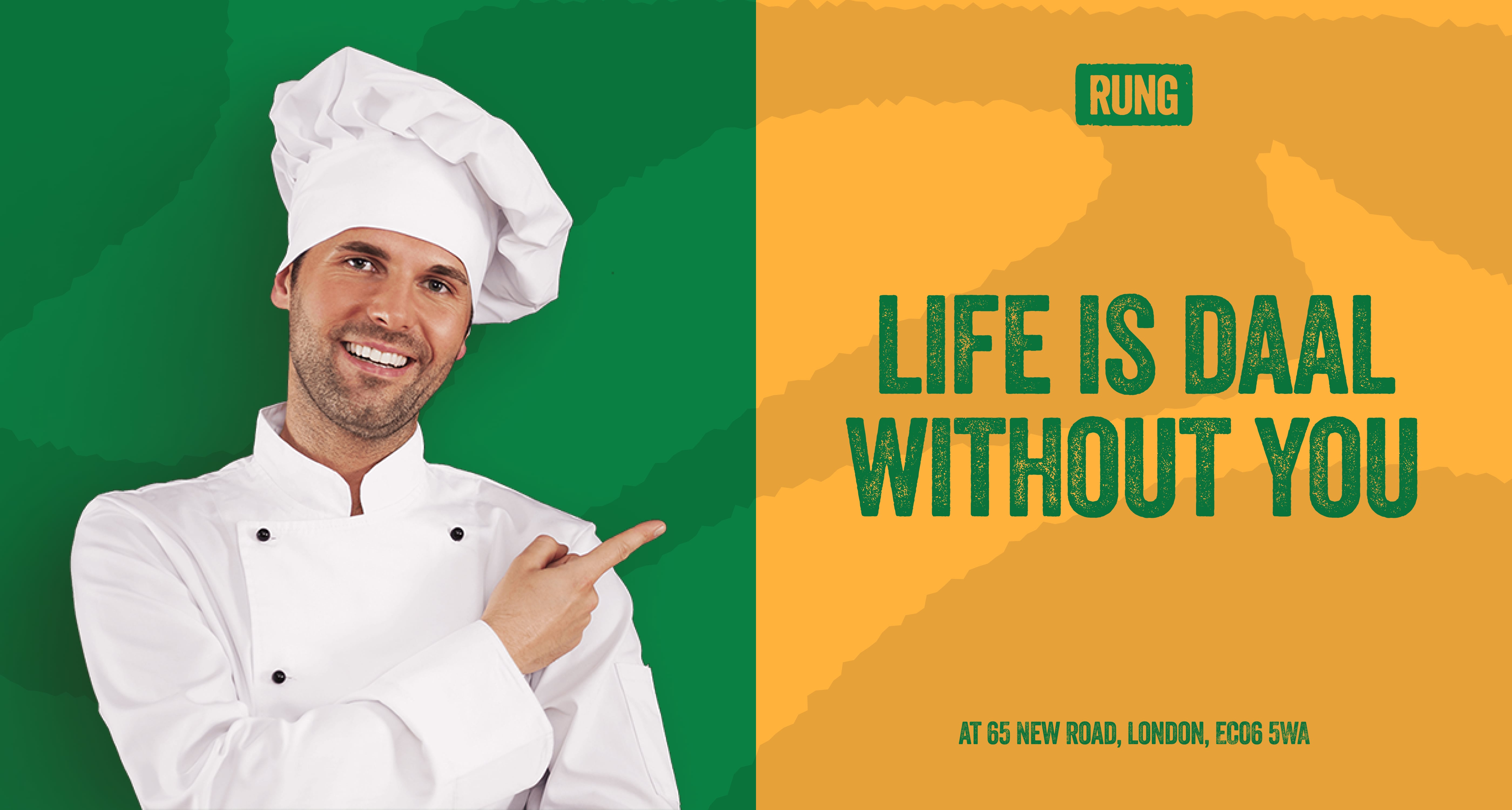 An image of a chef pointing at the phrase that says "Life is daal without you"