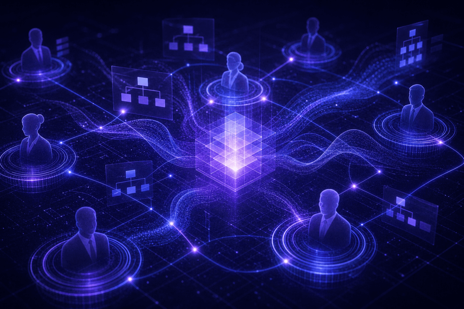 A futuristic digital visualization of AI-powered data analysis for sales intelligence — glowing network nodes representing different business professionals connected by luminous blue and purple lines, floating holographic org chart fragments and signal wave patterns emerging from a central AI core, abstract data streams flowing between interconnected stakeholder silhouettes, dark background with deep blue and violet tones, clean modern tech aesthetic, photorealistic digital art style