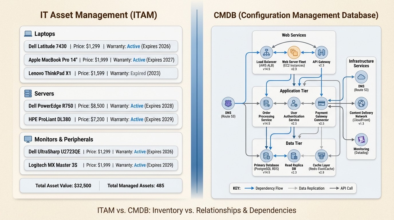 Asset management tracks financial value while a CMDB maps technical relationships and dependencies