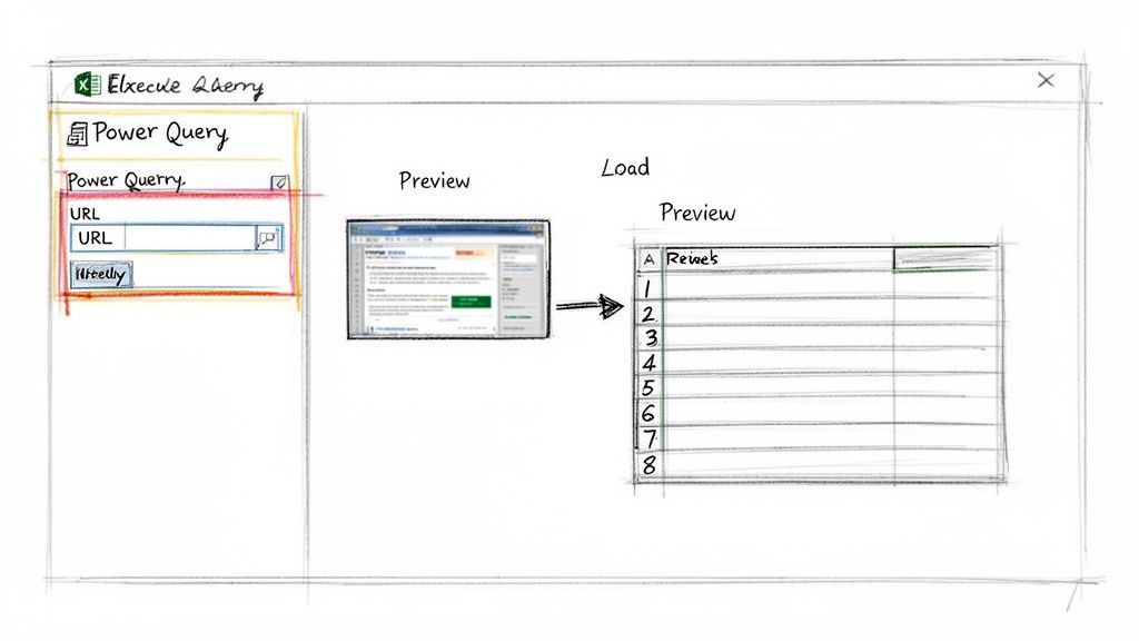 Diagram showing Power Query process: fetching data from a URL, previewing web content, and loading into an Excel sheet.