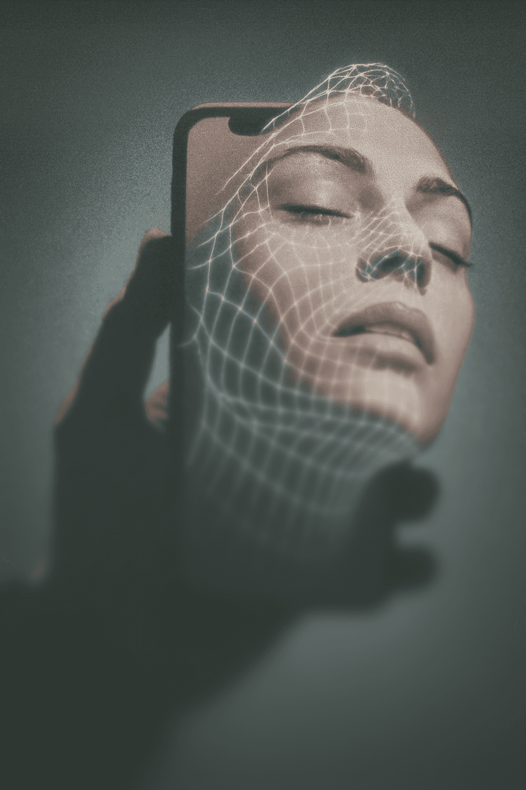 Close-up portrait of a person wearing a gray insulated hooded jacket with the hood up, showing their face framed by the hood against a light background.