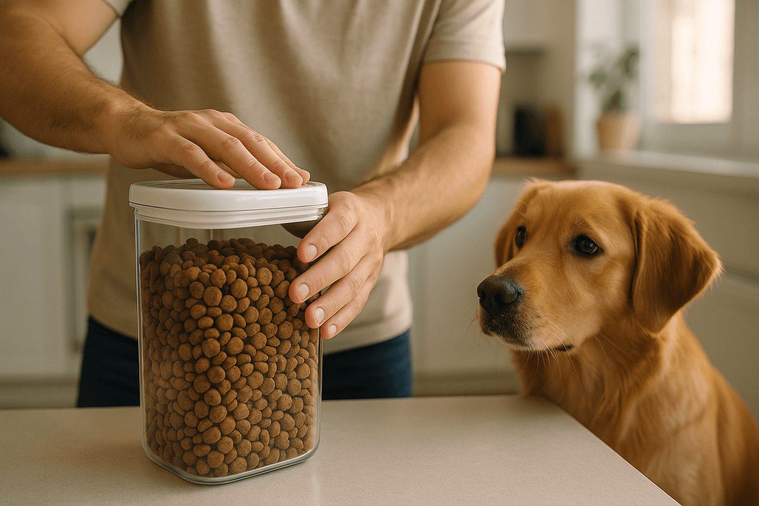 Tutor armazenando ração de pet em pote hermético, evitando contaminações e perda de nutrientes.