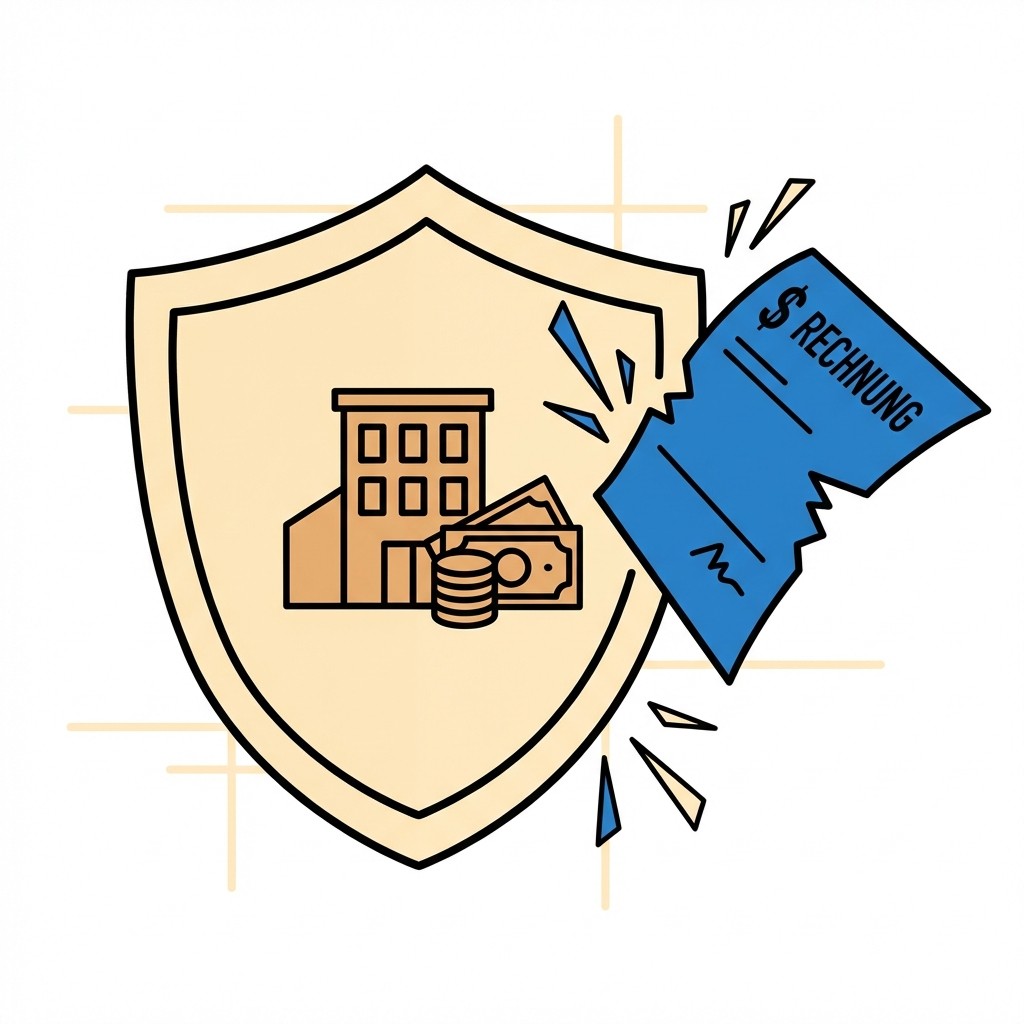 Ein Schutzschild bewahrt das Müller GmbH-Gebäude vor einer abprallenden Euro-Rechnung, daneben ein Richterhammer.