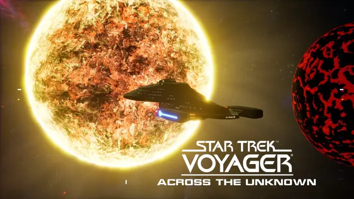 A sleek starship from "Star Trek: Voyager" navigates through space, illuminated by the bright glow of a nearby sun, with a fiery red planet nearby, evoking a sense of interstellar exploration and adventure.