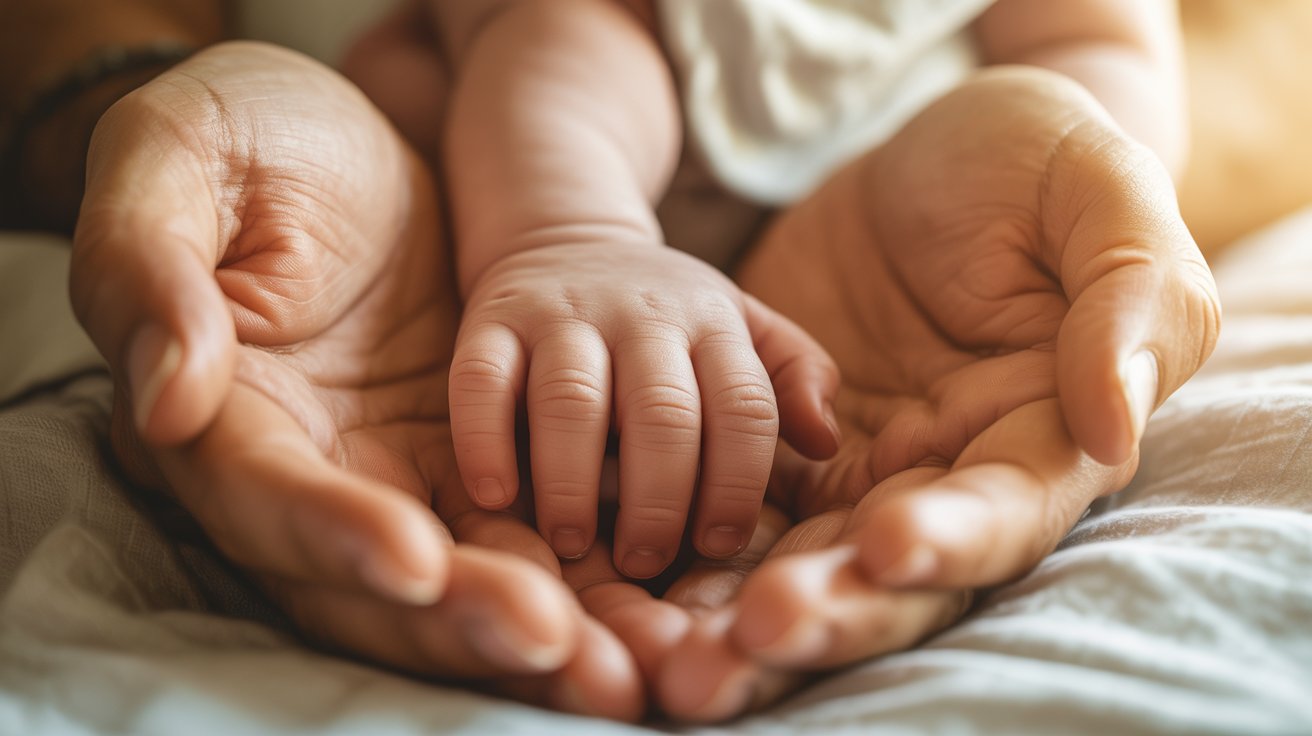 “Close-up of parent holding baby’s tiny hand symbolizing newborn care and protection on Infant Protection Day
