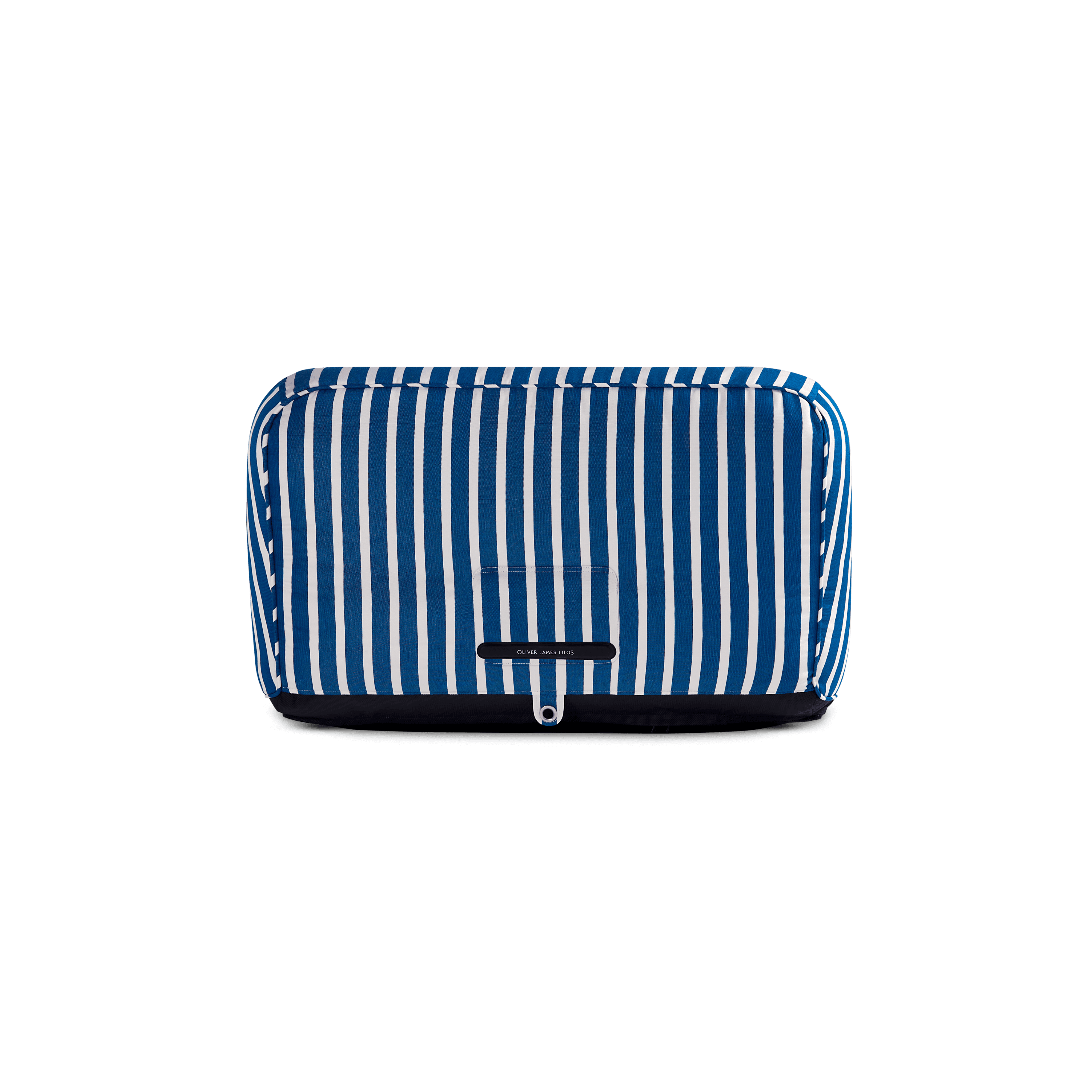 Back-facing pool float in blue-and-white stripe canvas showing quilted panels, branded label, and stainless eyelet