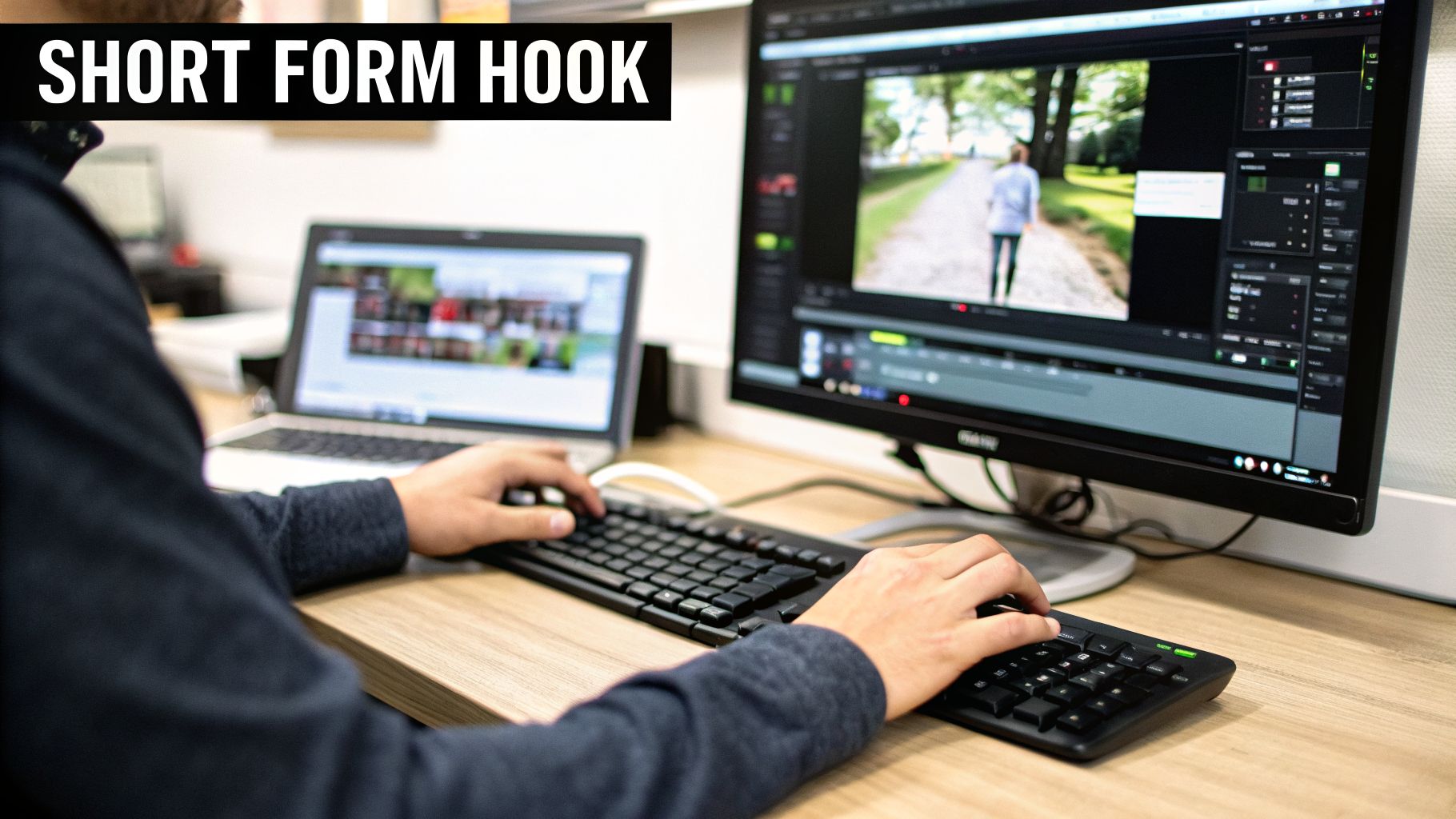 Person editing a video on a computer, creating a short form hook, with hands on keyboards.