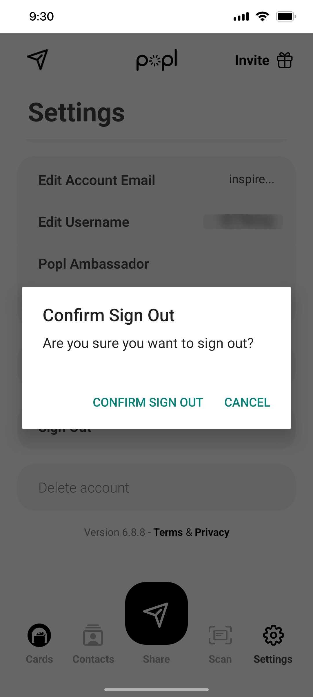 Popl conferm Sign Out Screen