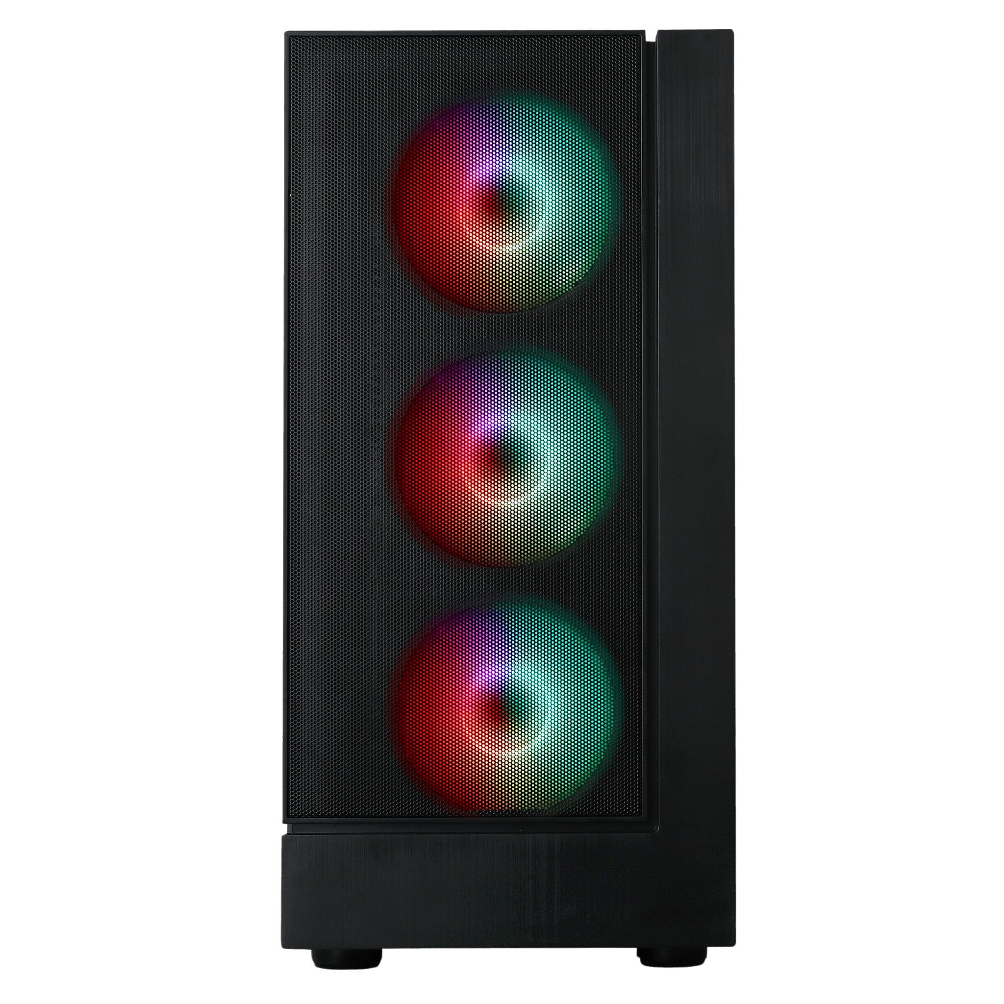 Front view of a black gaming PC case with three vibrant RGB fans in red, green, and blue colors. This stylish and high-performance tower is perfect for gamers looking for a sleek and cooling-efficient PC build, featuring a modern design and optimal airflow for a smooth gaming experience in 2023.