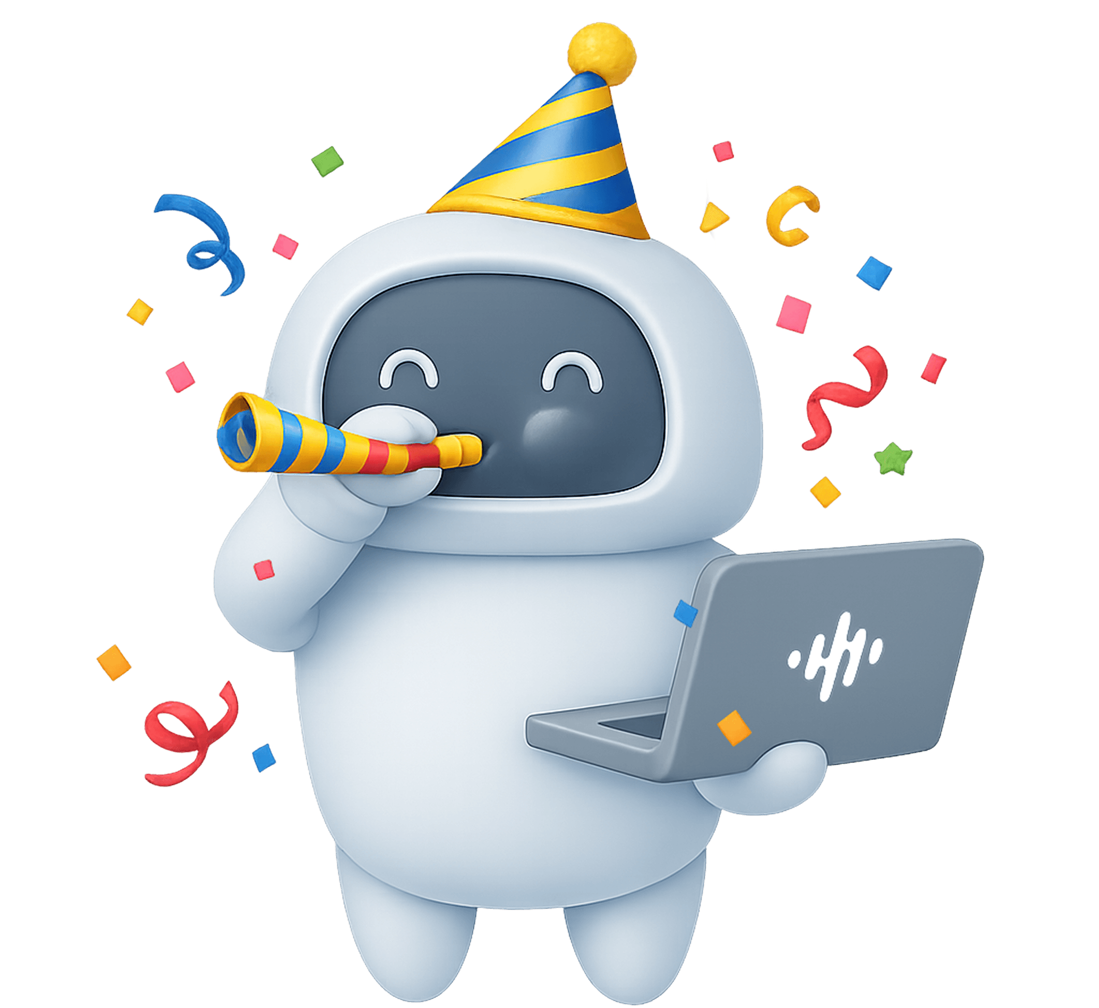 Jamworks robot celebrating with a party hat, confetti, and a laptop.