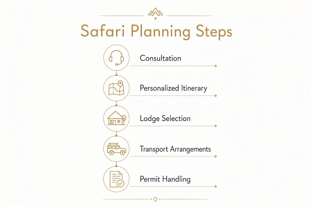 Infographic showing five steps of Namibia safari planning process
