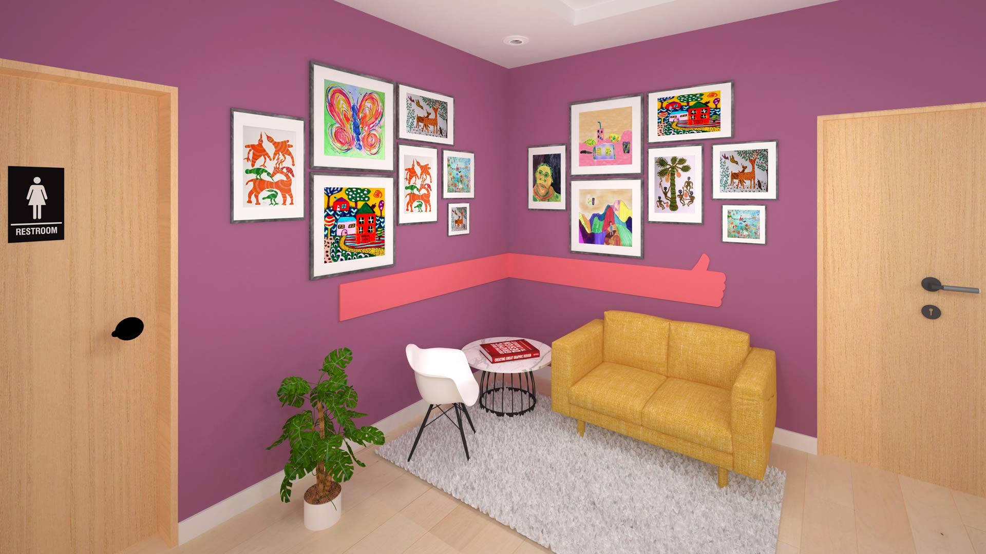 The image shows a room with purple walls adorned with eight framed colorful artworks arranged in a corner. A large pink arrow is painted on the wall pointing toward the seating area. A yellow couch sits on a light gray rug in the corner, with a small round table beside it. A white chair with black metal legs is positioned near the couch. Two light wood doors are visible, one with a restroom sign indicating it is a restroom. The floor is light-colored wood, and a potted plant is placed near the left door.