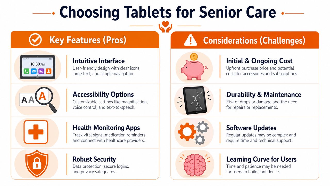 An infographic comparing the pros and challenges of using tablets for senior care, including accessibility and cost.