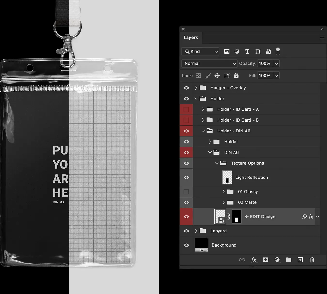 Detailed view of the Photoshop layers panel for editing the lanyard and ID badge design